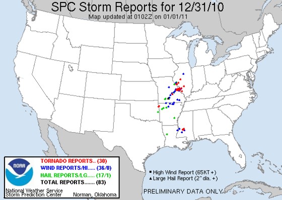 Storm reports from the SPC for December 31, 2010