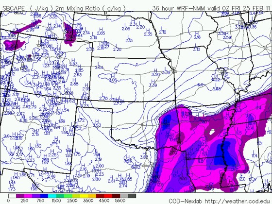 WRF CAPE forecast issued 12z 2/23 valid 00z Fri 2/25. WRF CAPE forecast issued 12z 2/23 valid 00z Fri 2/25.
