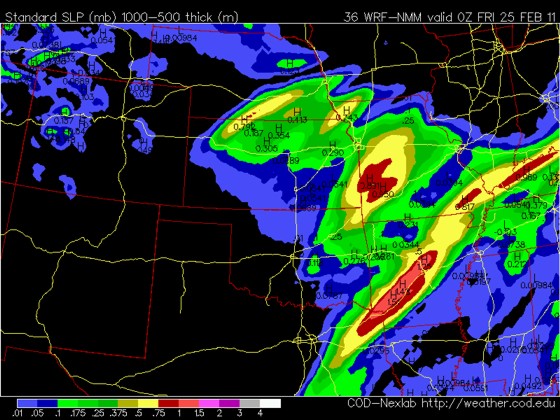 WRF precipitation forecast from 12z 2/23 valid 00z Fri 2/25 WRF precipitation forecast from 12z 2/23 valid 00z Fri 2/25