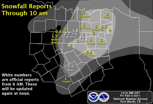 Snowfall accumulations as of Friday (2/4) through 10:00 a.m. (before the heavy snow band moved through) Snowfall accumulations as of Friday (2/4) through 10:00 a.m. (before the heavy snow band moved through)