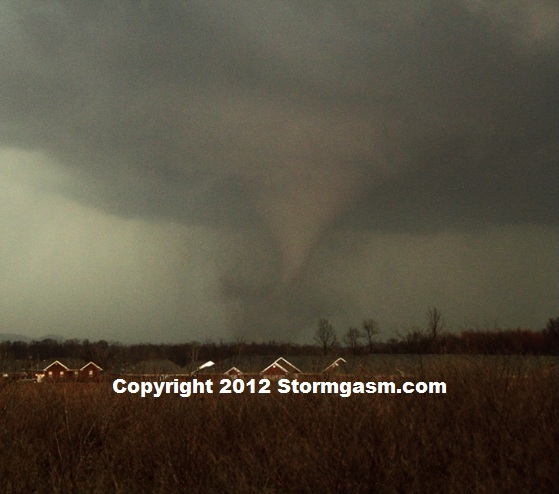 Henryville, Indiana tornado on March 2, 2012 as it transitions from a cone shape into an elephant trunk shape.