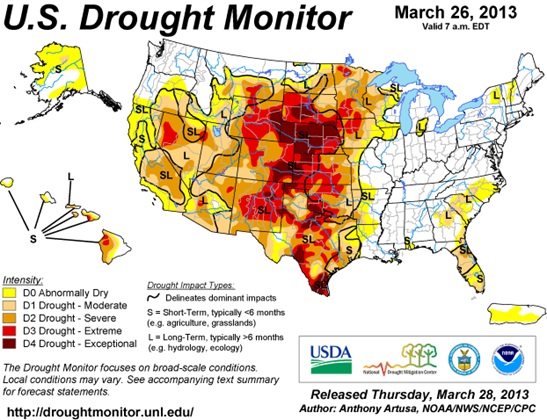 Current U.S. drought conditions as of March 26, 2013