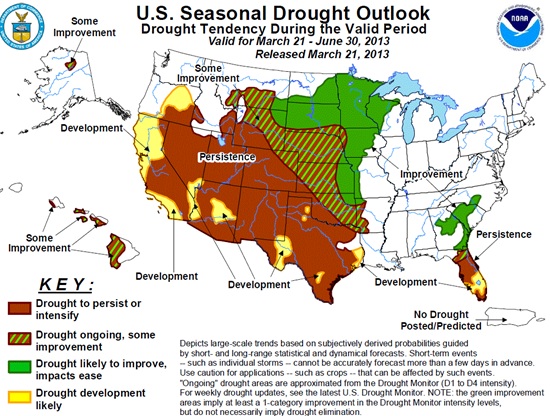 Current U.S. drought outlook through June 30, 2013, created March 21, 2013. Current U.S. drought outlook through June 30, 2013, created March 21, 2013.