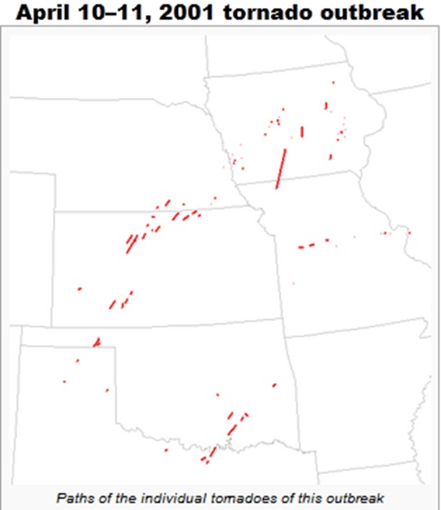 April 10-11, 2001 Tornado Outbreak with tornado paths shown in red.