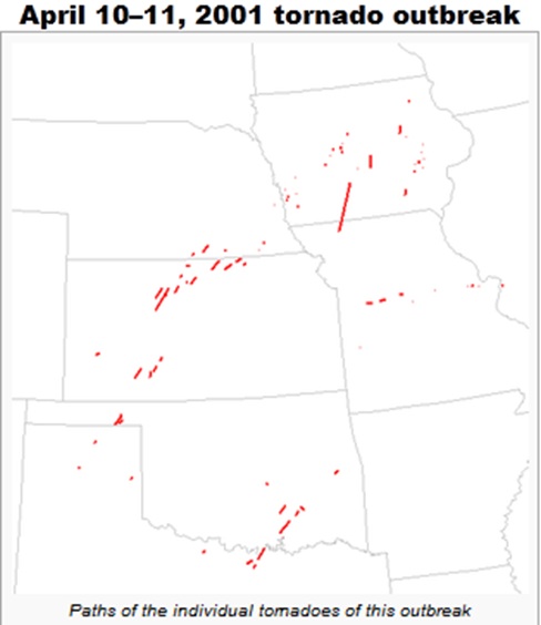 April 10-11, 2001 Tornado Outbreak with tornado paths shown in red. April 10-11, 2001 Tornado Outbreak with tornado paths shown in red.