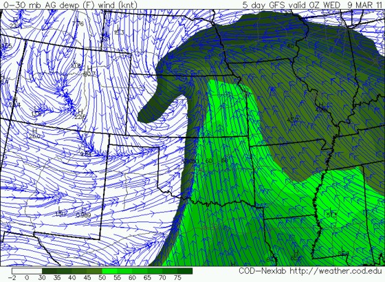 00z March 4 GFS surface dewpoints valid 00z March 9. 00z March 4 GFS surface dewpoints valid 00z March 9.