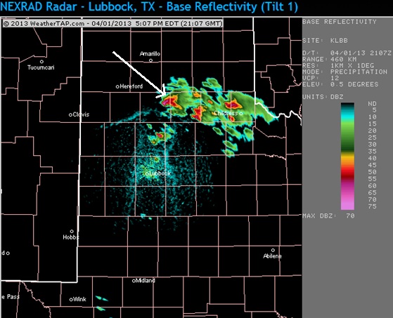 Lubbock, TX radar image (base reflectivity) on April 1, 2013 at 2107 UTC.