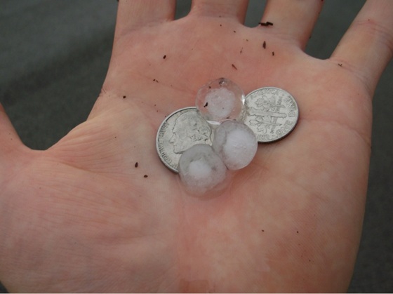 Dime to nickel sized hail at my house. Dime to nickel sized hail at my house.