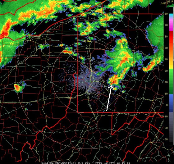 Pittsburgh, PA base reflectivity valid April 10, 2013 at 19:56 UTC.  You can see the storm has curved southwest side on reflectivity with an intense core and a subtle v-notch as well.