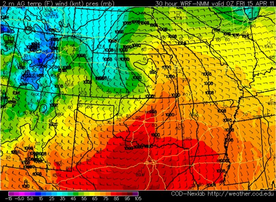 12z April 13 WRF model surface pressures/winds valid 00z 15 April 12z April 13 WRF model surface pressures/winds valid 00z 15 April