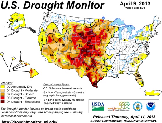 U.S. drought monitor as of April 9, 2013.