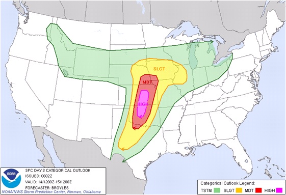 Convective outlook from the Storm Prediction Center produced the morning of April 13, 2012 valid April 14, 2012. Convective outlook from the Storm Prediction Center produced the morning of April 13, 2012 valid April 14, 2012.