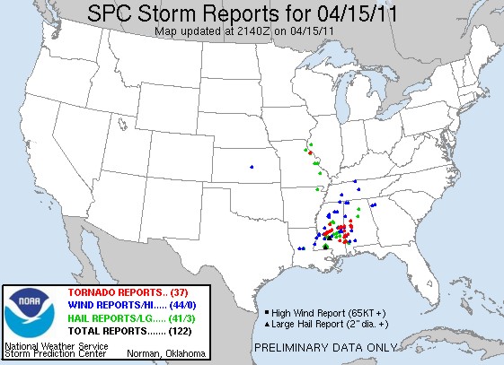 Storm reports from the SPC on April 15, 2011 as of 4:30 p.m. CT. Storm reports from the SPC on April 15, 2011 as of 4:30 p.m. CT.