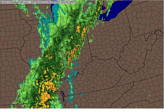 Regional radar image from 6:50pm EDT on April 18 over the Midwest/Ohio Valley region. Regional radar image from 6:50pm EDT on April 18 over the Midwest/Ohio Valley region.