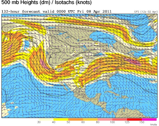 12z 2 April GFS run valid 00z Fri, 8 April, showing a Pacific jet extension into the northeast Pacific with a deep trough entering the southwestern U.S. 12z 2 April GFS run valid 00z Fri, 8 April, showing a Pacific jet extension into the northeast Pacific with a deep trough entering the southwestern U.S.
