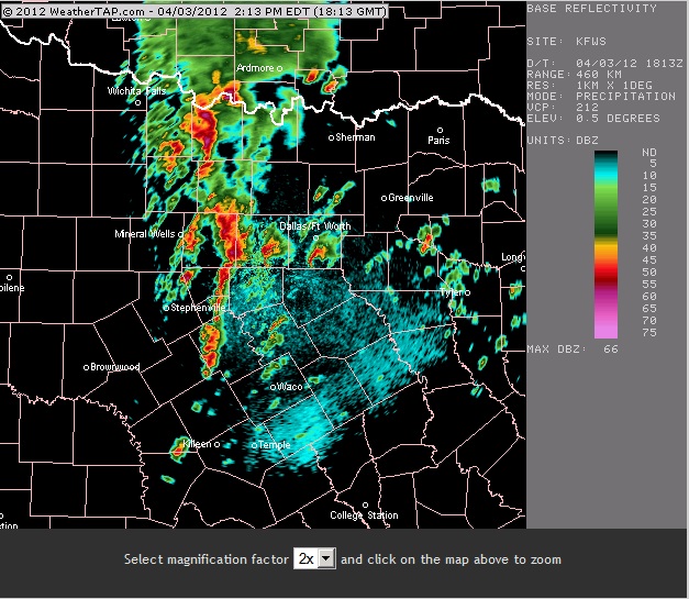 Radar image of the DFW area while both tornadoes were on the ground. Radar image of the DFW area while both tornadoes were on the ground.