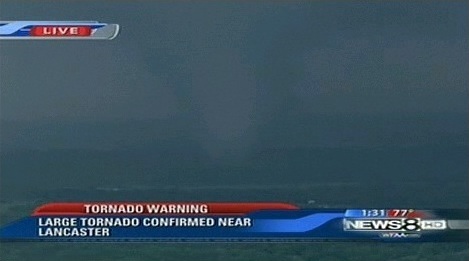Screen capture from a live Dallas, TX news feed of Lancaster (south Dallas) tornado on April 3, 2012. Image courtesy of WFAA TV in Dallas, TX. Screen capture from a live Dallas, TX news feed of Lancaster (south Dallas) tornado on April 3, 2012. Image courtesy of WFAA TV in Dallas, TX.