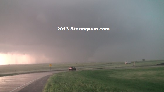 Looking west-southwest off I-40 a few miles west of El Reno as the tornado  had just touched down.