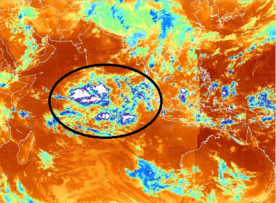 Satellite image on May 4, 2013 over the tropics from eastern Africa to the Indian Ocean and Indonesia area. The MJO convection is circled. Satellite image on May 4, 2013 over the tropics from eastern Africa to the Indian Ocean and Indonesia area. The MJO convection is circled.