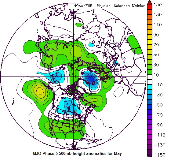 500mb height anomalies for MJO phase 5 during the month of May. Should this occur in late May it suggests a favorable storm chasing pattern. 500mb height anomalies for MJO phase 5 during the month of May. Should this occur in late May it suggests a favorable storm chasing pattern.