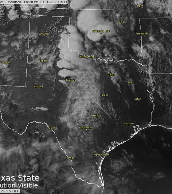 Visible satellite image over the southern plains on May 8, 2013.  Supercell thunderstorms are occurring along the dryline from west Texas north into western Oklahoma and Kansas.