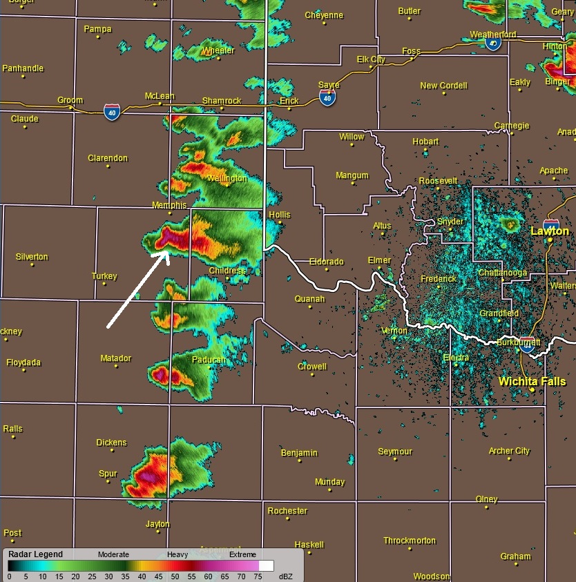 Radar image (base reflectivity) showing supercell thunderstorms across western north Texas.  I helped direct my friend to the storm just south of Memphis (see arrow).