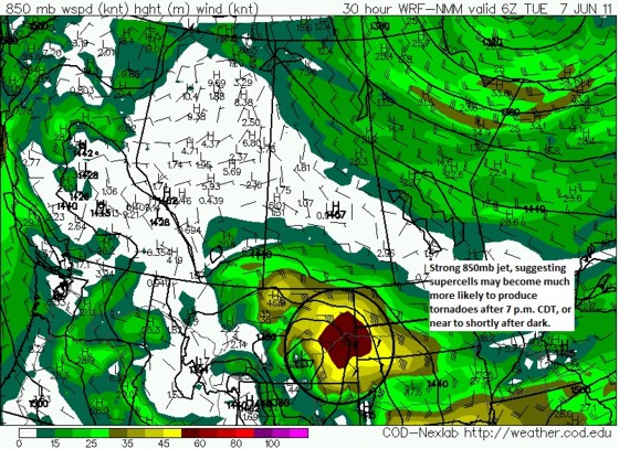 00z June 6 WRF valid 06z June 7 (midnight CDT), showing a very intense 850mb jet over southeastern Montana. 00z June 6 WRF valid 06z June 7 (midnight CDT), showing a very intense 850mb jet over southeastern Montana.