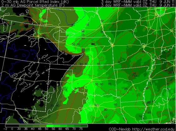 00z June 6 WRF valid 00z June 9, showing surface dewpoints. Notice dewpoints only in the mid 40s to near 50 degrees F are expected across Colorado. 00z June 6 WRF valid 00z June 9, showing surface dewpoints. Notice dewpoints only in the mid 40s to near 50 degrees F are expected across Colorado.