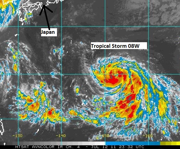 Infrared satellite image of Tropical Storm 08W at 7:32 EDT on July 12, 2011 Infrared satellite image of Tropical Storm 08W at 7:32 EDT on July 12, 2011