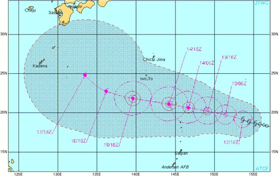 Track forecast for Tropical Storm 08W valid July 12 from the Joint Typhoon Warning Center Track forecast for Tropical Storm 08W valid July 12 from the Joint Typhoon Warning Center