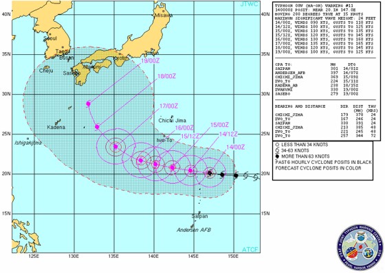 Track forecast for Typhoon 08W created at 8 p.m. EDT July 13, 2011.
