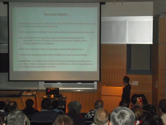 Jim Bishop talking about tornado myths to the audience. Jim Bishop talking about tornado myths to the audience.