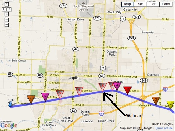 Damage path of the Joplin, Missour EF5 tornado. The arrow points to the location of the Walmart where I went inside. Damage path of the Joplin, Missour EF5 tornado. The arrow points to the location of the Walmart where I went inside.