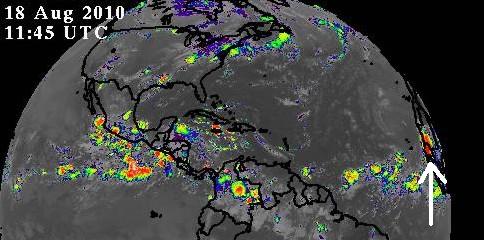 Satellite image of the Atlantic tropics August 18. You can see a tropical wave near the coast of Africa that computer models indicate will become a tropical storm this weekend.