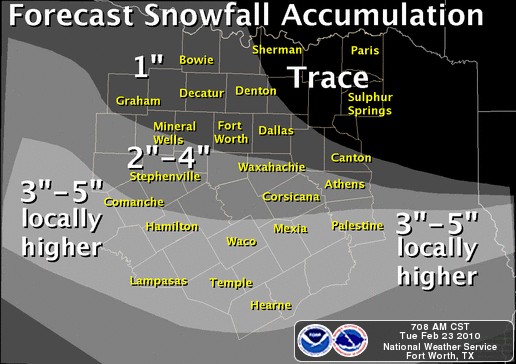 National Weather Service snowfall forecast for Tuesday 2/23/10