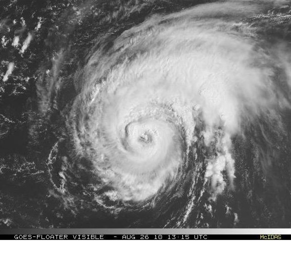 August 26 morning visible satellite image of Hurricane Danielle. Notice the eye at the center, and the banding structure. This is a visual sign of good outlfow. August 26 morning visible satellite image of Hurricane Danielle. Notice the eye at the center, and the banding structure. This is a visual sign of good outlfow.