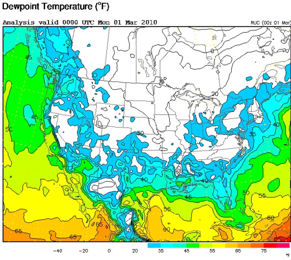 Surface dewpoints valid Sunday evening February 28