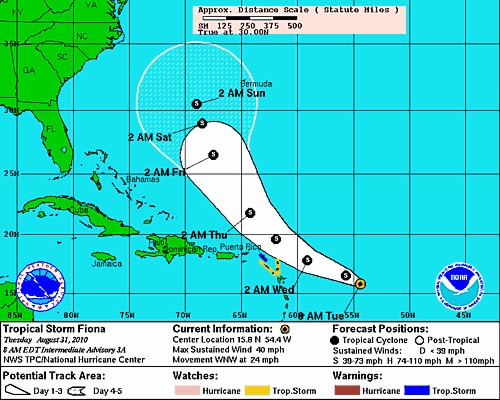 National Hurricane Center forecast for Tropical Storm Fiona August 31