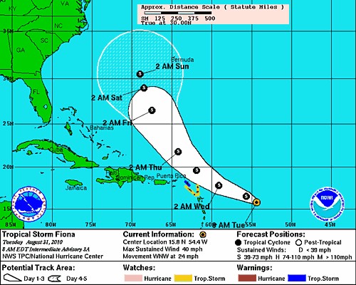 National Hurricane Center forecast for Tropical Storm Fiona August 31 National Hurricane Center forecast for Tropical Storm Fiona August 31