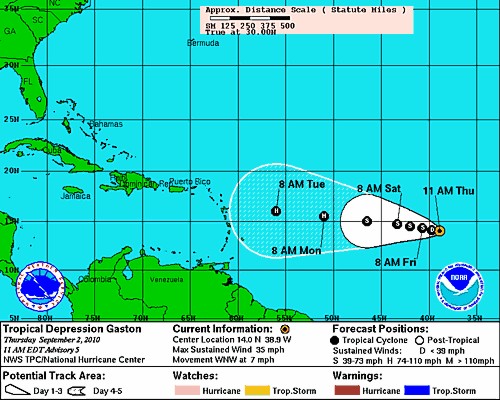National Hurricane Center track forecast for Tropical Depression Gaston 11a.m. Sept 2 National Hurricane Center track forecast for Tropical Depression Gaston 11a.m. Sept 2
