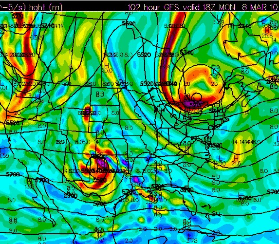 GFS 500mb vorticity forecast valid 18z Monday March 8 (initialized 12z March4)