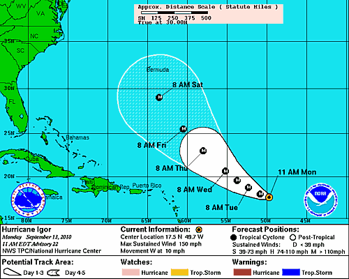 Track forecast for Hurricane Igor 11:00 a.m. EDT 13 September Track forecast for Hurricane Igor 11:00 a.m. EDT 13 September