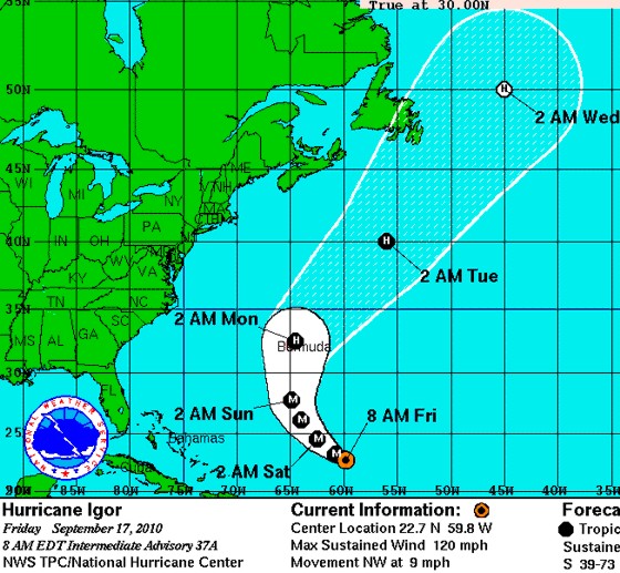 Hurricane Igor track forecast from the National Hurricane Center