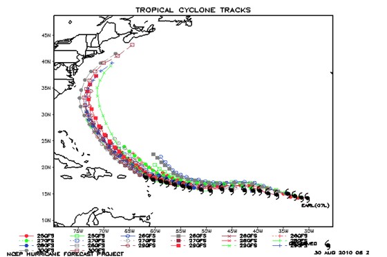 Earl's actual track in black with model forecasts in other colors. You can see the north bias in the model. Earl's actual track in black with model forecasts in other colors. You can see the north bias in the model.