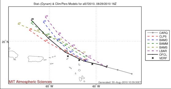 Earls forecast track and actual track in black, with tropical models in other colors. You can see the north bias in the models continues. Earls forecast track and actual track in black, with tropical models in other colors. You can see the north bias in the models continues.