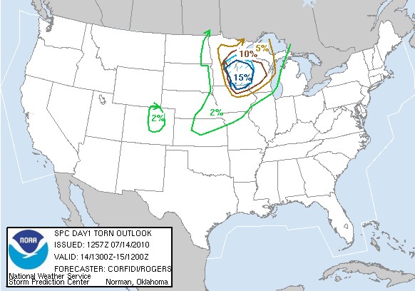 SPC Day 1 tornado probs for July 14 SPC Day 1 tornado probs for July 14