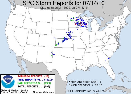 Storm reports for 7/14/10 from the SPC