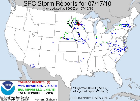 Storm Reports from the SPC for Saturday, July 17