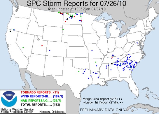 Storm reports from the SPC valid July 26. Storm reports from the SPC valid July 26.