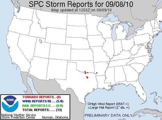 Tornado reports from the SPC for September 8, 2010